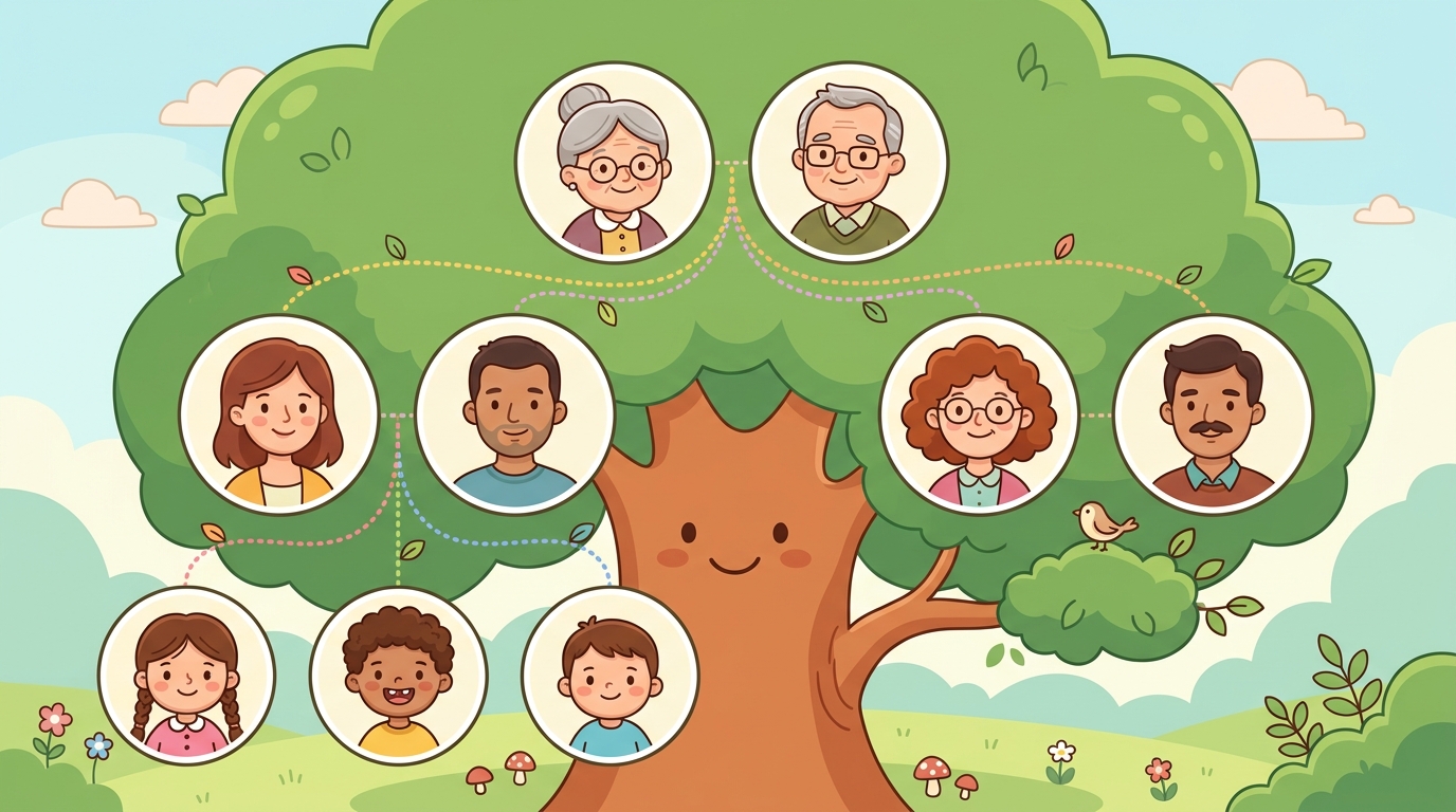 Arbre généalogique : grands-parents, parents, oncle, tante et enfants